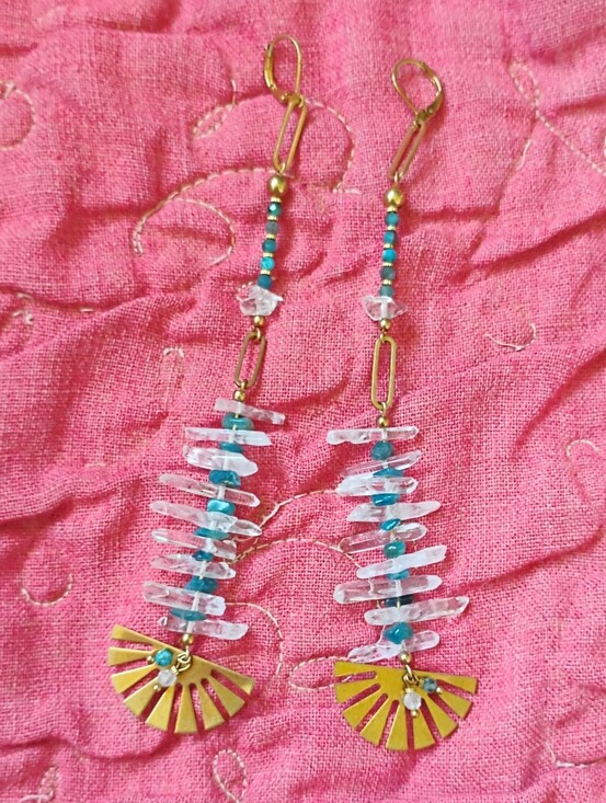 Handmade Jewelry - XXL Handmade Quartz and Blue Apatite'Fan' Earrings